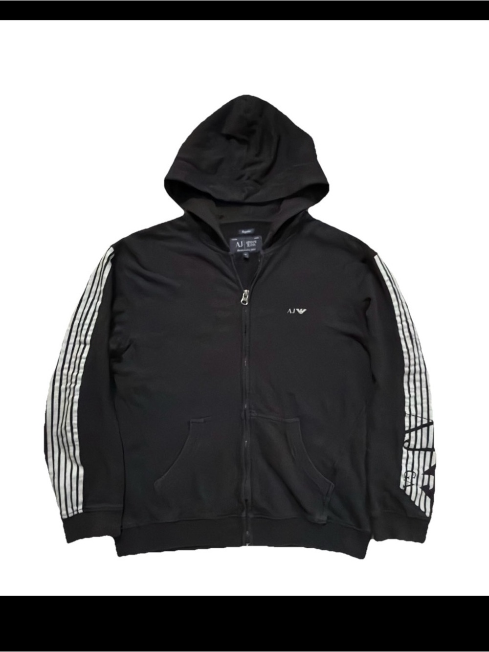 Armani Jeans Black Zip Hoodie with White Sleeve Stripes